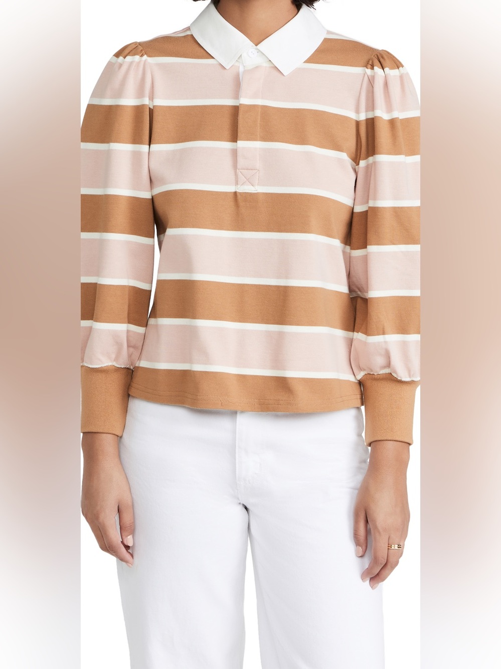 Veronica Beard Presto Rugby Striped Polo Long Sleeve Puff Sleeve Small